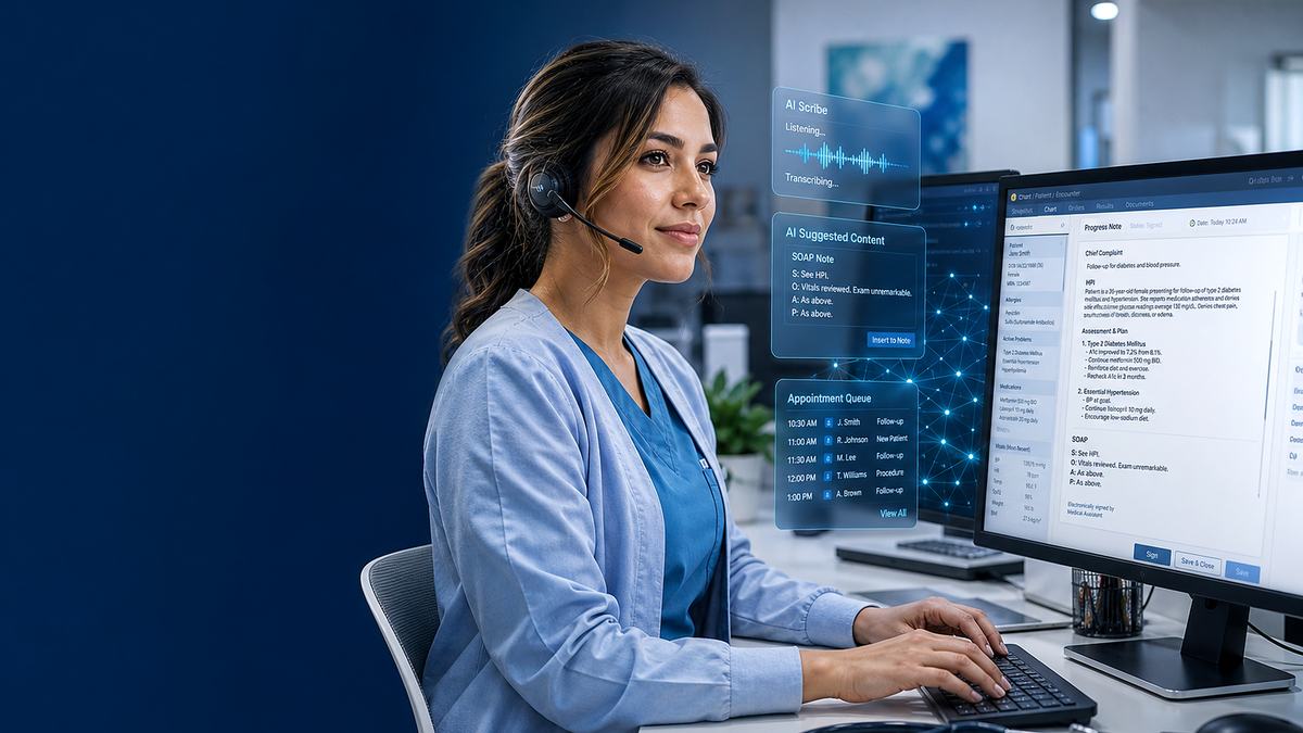 home 2 Medical scribe using software to transcribe patient notes into an EHR