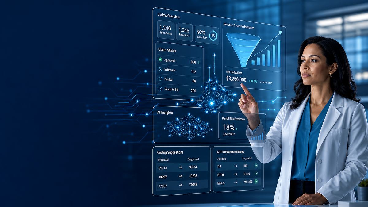 home 1 Healthcare professional reviewing medical billing and revenue cycle management dashboard