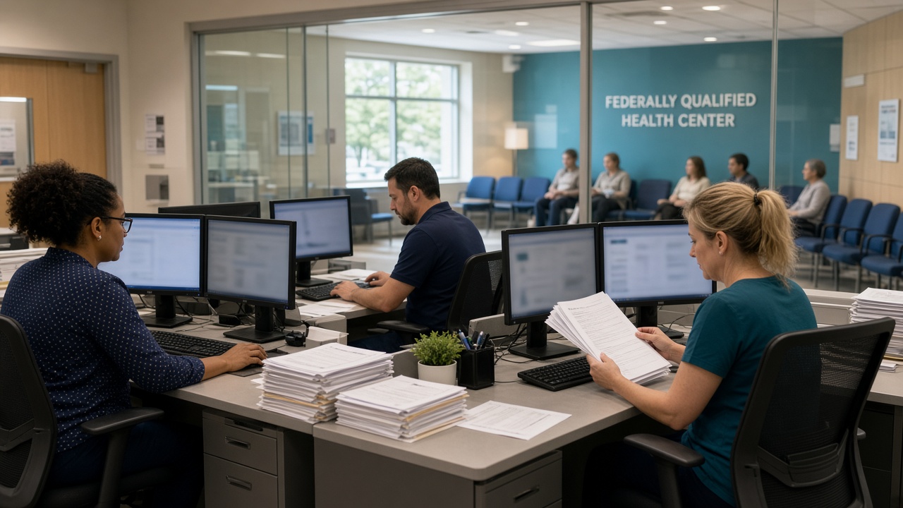 FQHC 4 FQHC billing team handling coding, claims, authorizations, and EHR with a community clinic in the background