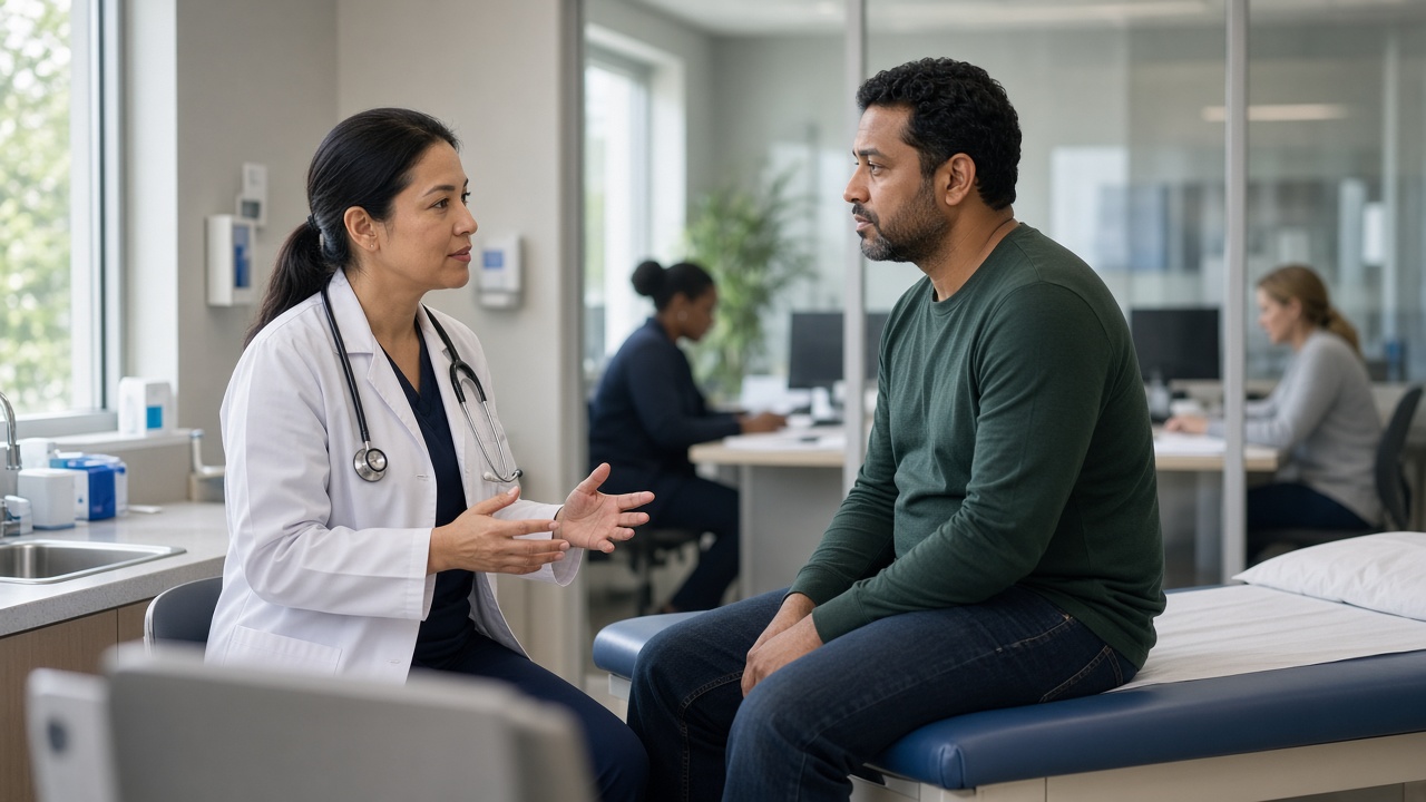FQHC 3 Clinician talking with a patient while FQHC billing staff handle documentation in the background