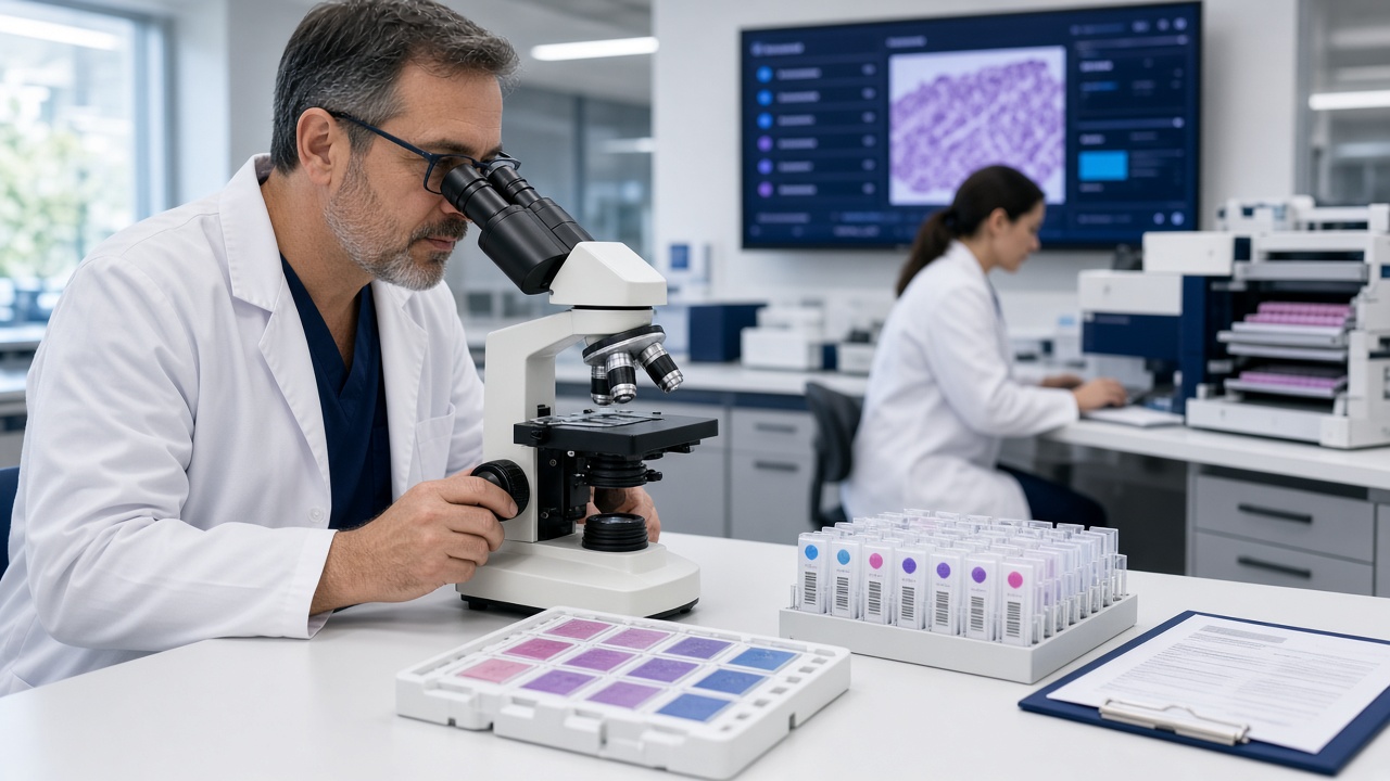 Gloved hands preparing a sample syringe and vial in a pathology laboratory