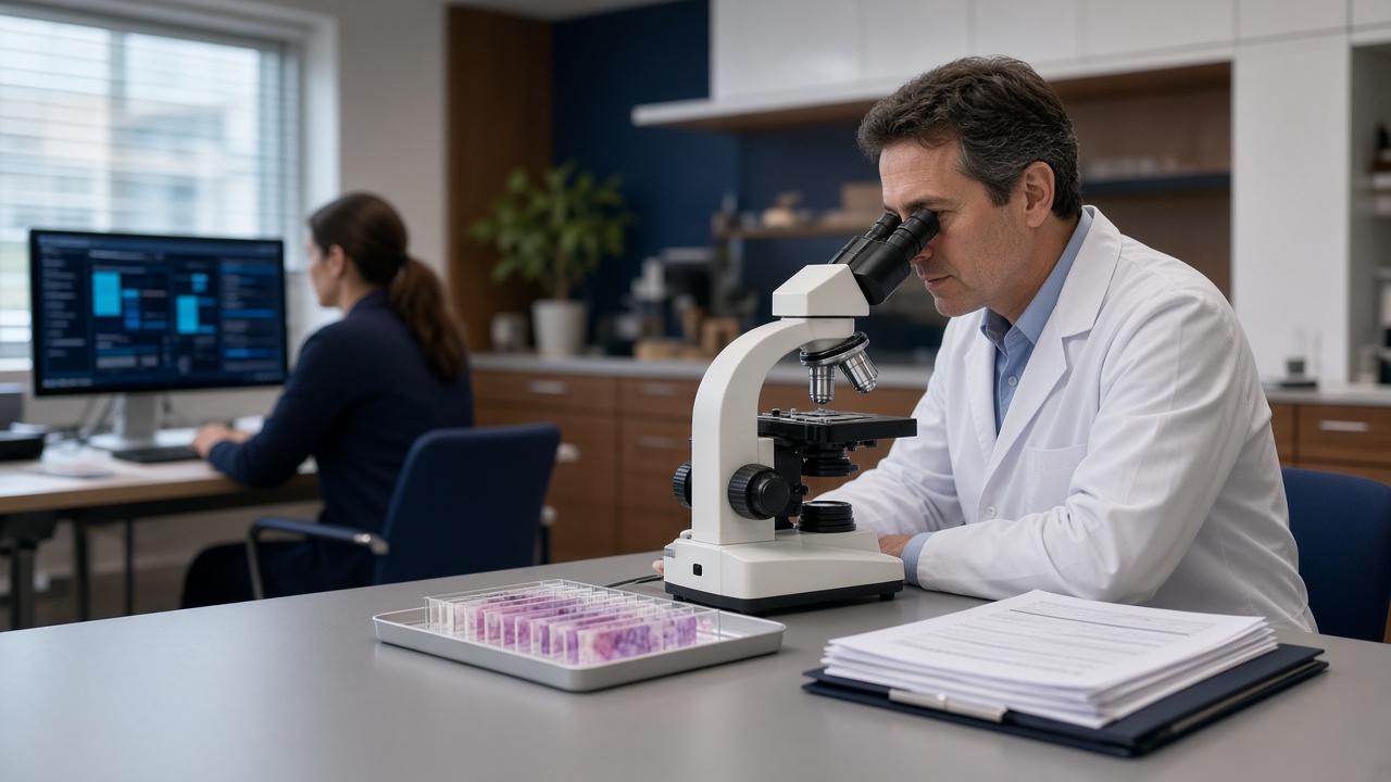 Lab technician using a micropipette with sample tubes in a pathology lab